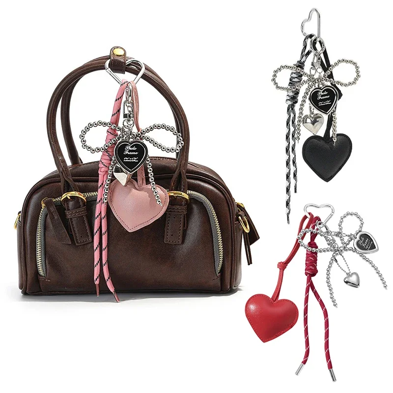 Trendy Leather Heart Bow Keychain Delicate Beaded Keyring Car Key Holder Bag Pendant Decoration For Girls Gift ﻿