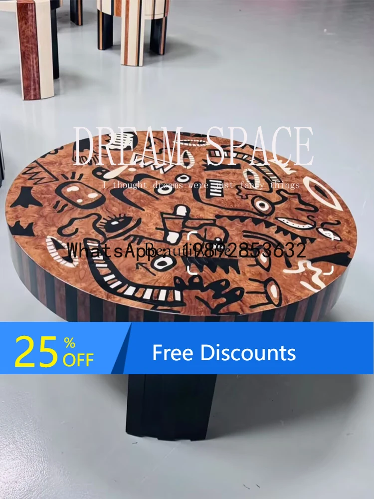 

Solid wood medieval painting art coffee table creative painted living room high-end round coffee table