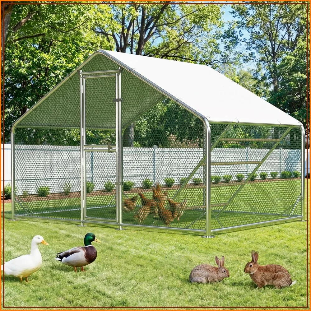 Walk-in Metal Chicken Coop, Double Feeding Doors, Roosting Bar, Predator Resistant, Waterproof Cover, Heavy Duty Outdoor Poultry