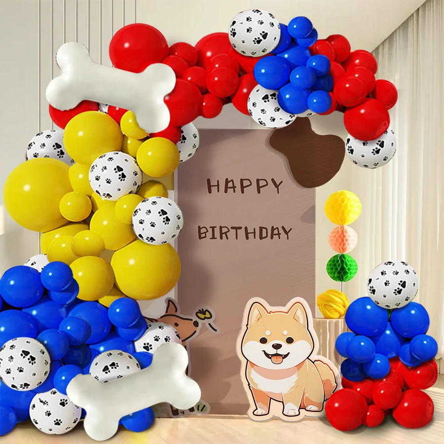 122 Stück Set von niedlichen Welpen Thema Geburtstag Ballon Set rot gelb blau Ballon Hund Pfote Aluminium folie Ballon Team Karneval Zirkus Thema Party Dekoration