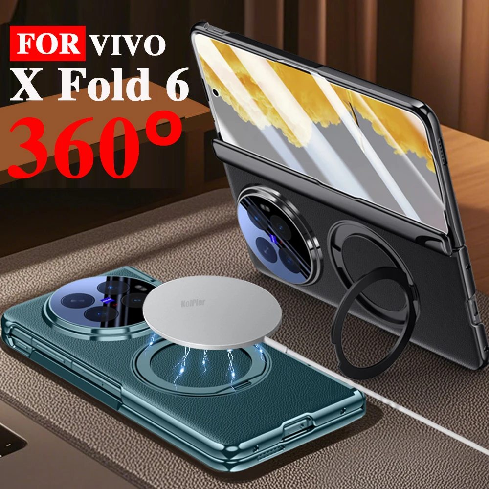 Leather Skin feel Stand Cases For Vivo X Fold 6 Fold6 2026 Magnetic Flip Protection Glass Srceen Protector Ring Holder Cover