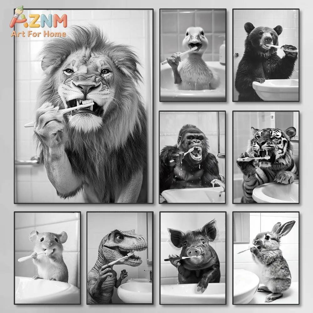 AZNM Black White Funny Bathroom Animal Canvas Print Lion Duck Bear Gorilla Tiger Mouse Dinosaur Pig Rabbit Brushing Teeth Humor