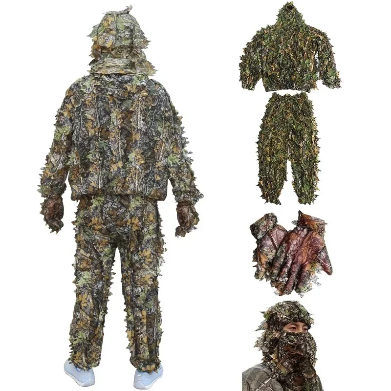 Camouflage Suit Outdoor Ghillie Suit Hunting Clothes Hooded Jacket Long Pants Headgear Gloves Outdoors Sports CS Training