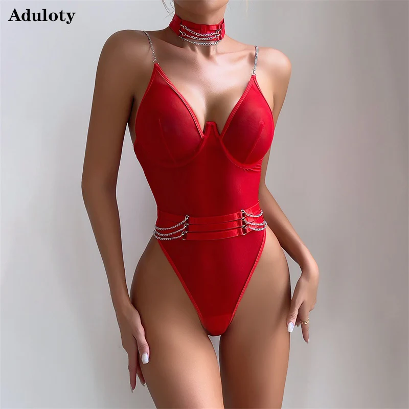 

Aduloty Women Sexy Underwear Thin Bodysuit Mesh Erotic Lingerie Perspective Gathering Chain Slim Fit Hanging Neck Two Piece Set