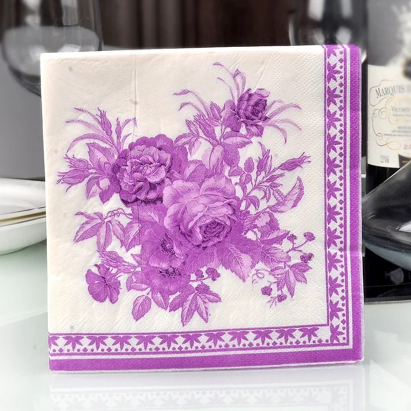 20pcs/Pac Purple Classic Gardenia Colourful Printed Napkin Wedding Facial Napkin Placemat Wine Glass Flower Arrangement Paper
