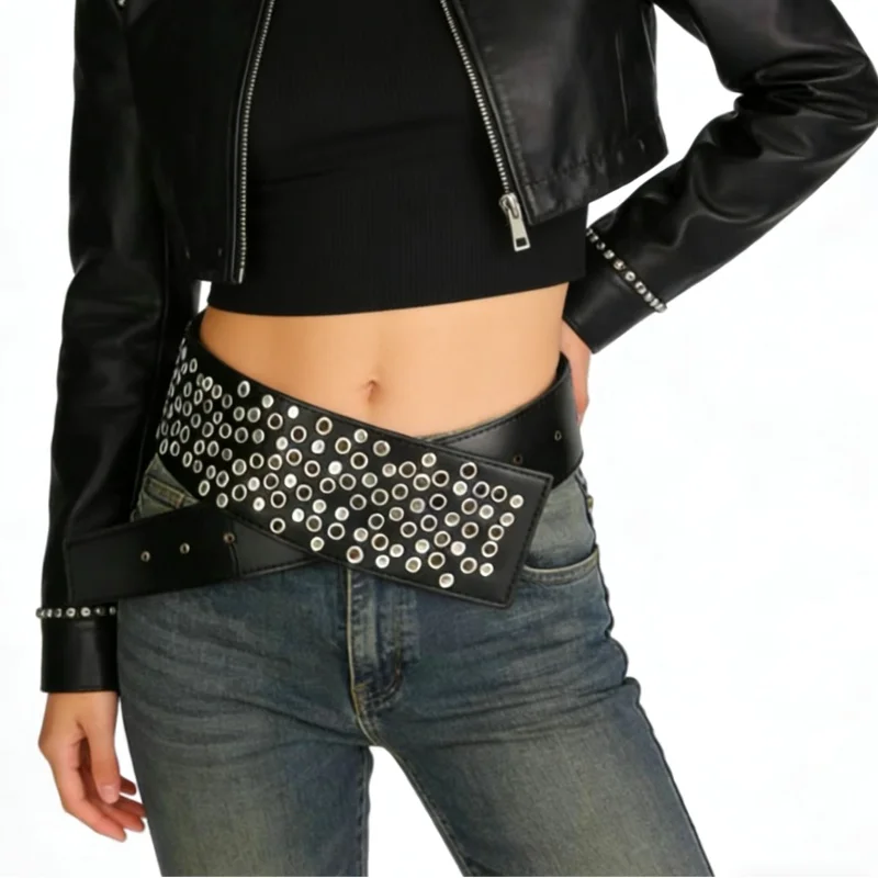 

New Women's Extra-wide Belt Pu Snap Punk Waist Belt Spicy Girl Style Studded Fashion Belt Gothic-style Dress With Slimming Belt