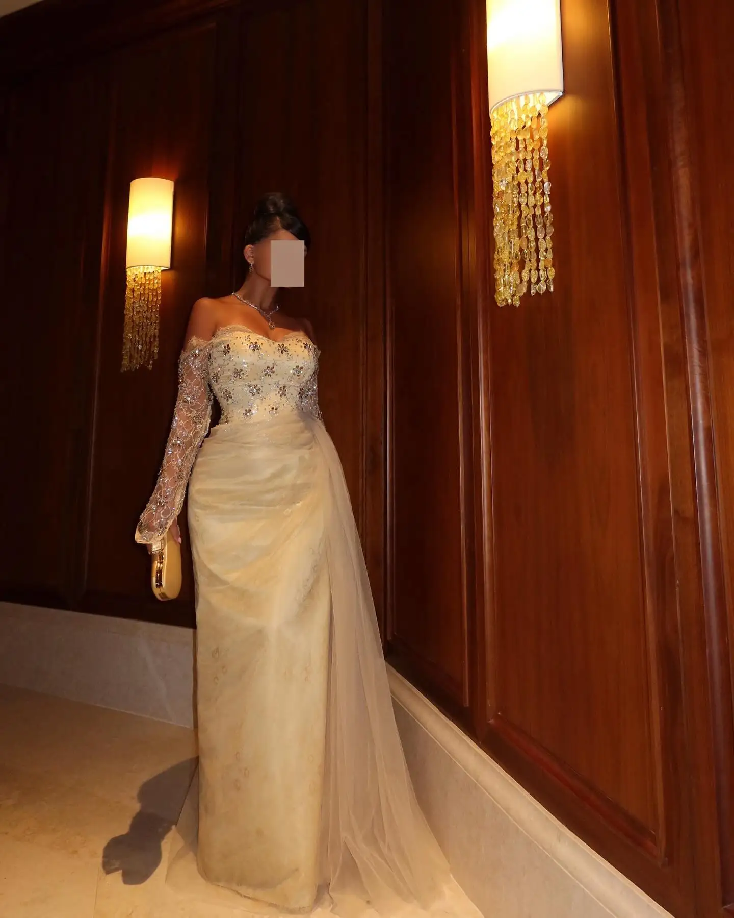 

Customized Luxury Crystal Sequined Lace Off the Shoulder Straight Evening Dress Sexy Long Sleeves Sweetheart prom dresses