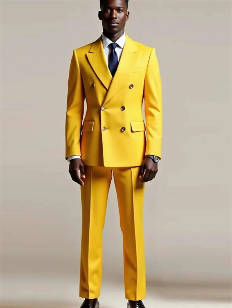 สีเหลืองผู้ชายชุด 2 ชิ้นเสื้อ + กางเกงกางเกงผ้าฝ้ายที่กําหนดเองสํานักงานอย่างเป็นทางการธุรกิจเสื้อคู่งานแต่งงาน Tuxedos
