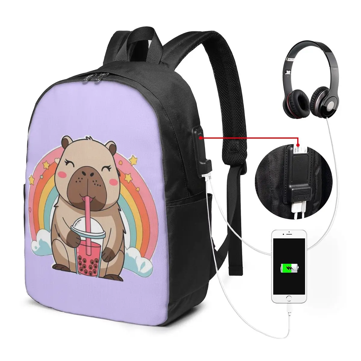 Capybara Drinking Milk Tea And Rainbow Backpack Travel Notebook Bag Computer College Student School Bag Laptop Shoulder Bags