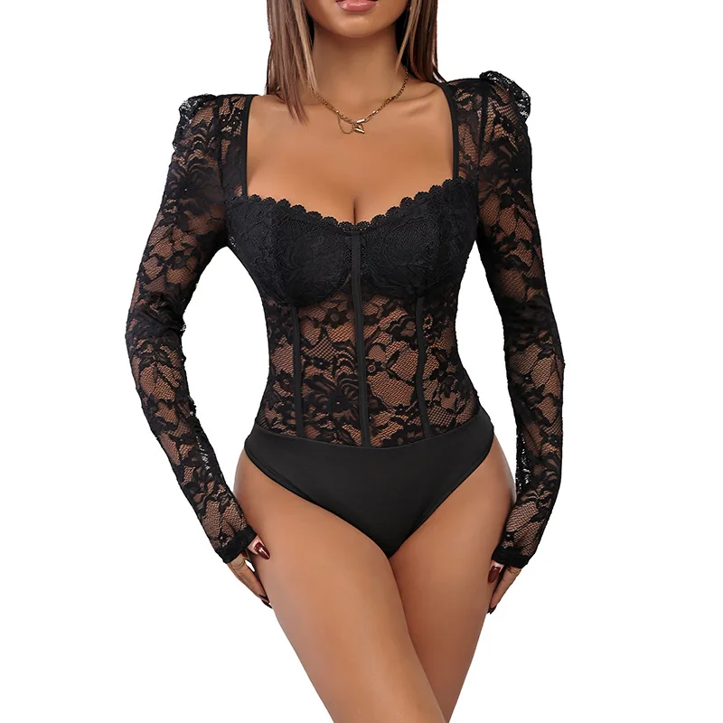 

Sexy Bodysuit Lace Trim Square Bodysuit Slim Fit Floral Bodysuit Elegant Seamless Lace One-Piece For Women Beachwear Casual