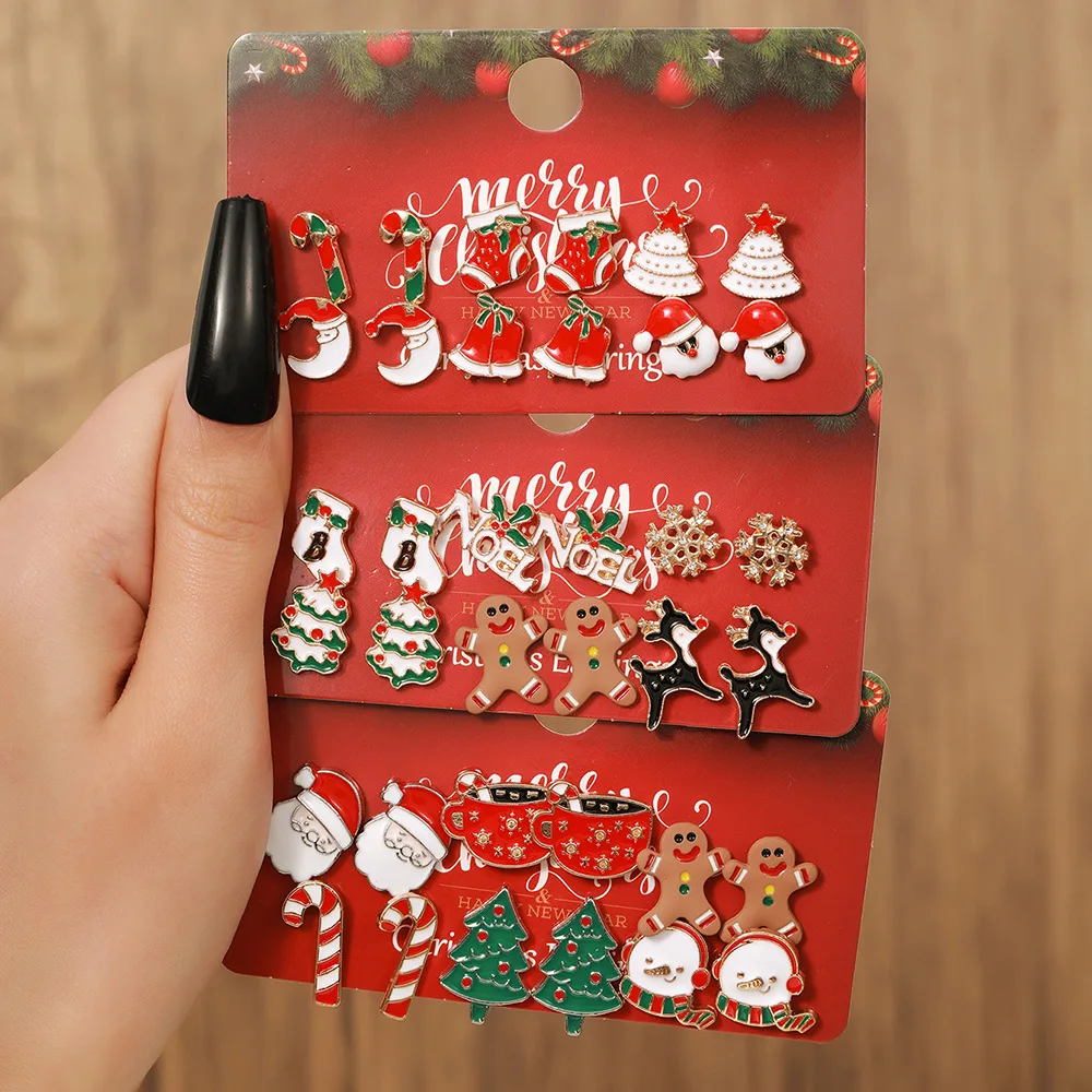 Earrings Christmas 6 Pairs Set Snowflake Reindeer Tree Holiday Party Alloy Red Green Gold Women Gift Lightweight Chic