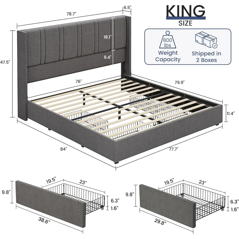 King Bed Frame with 4 Storage Drawers Linen Platform Bed with Wingback Headboard, No Box Spring Needed, Platform Bed Frame