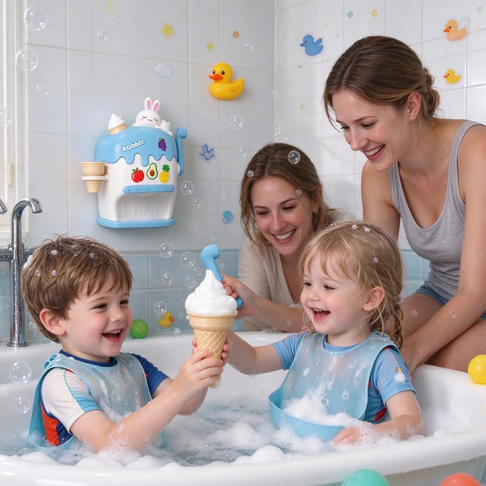 Ice Cream Bath Machine Suction Cup Wall Mounted Hand Cranked Interactive Bath Time Bubble Maker Toy For Kids Age 3 Year Old