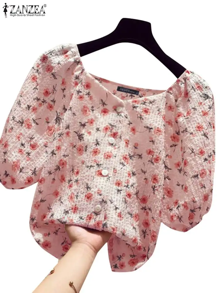 ZANZEA Women Elegant Floral Print Blouses Korean Fashion Puff Sleeve Textured V Neck Blusas 2024 Summer Casual Everyday Tops