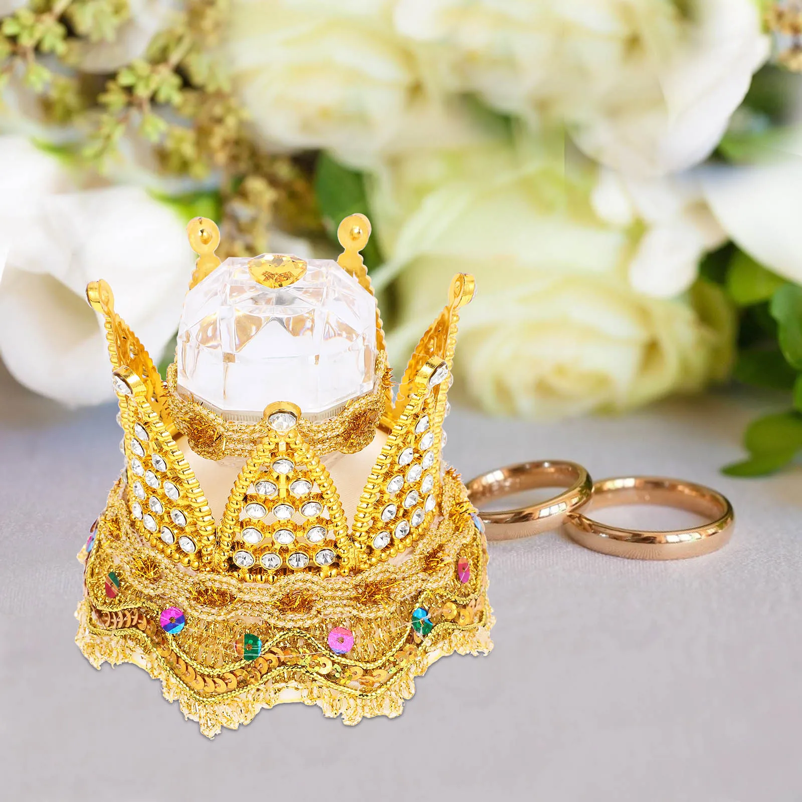 

Wedding Ring Box 5980 Golden Crown Shaped Jewelry Case for Bridal Gifts Romantic Engagement Holder Boxes Lightweight Compact