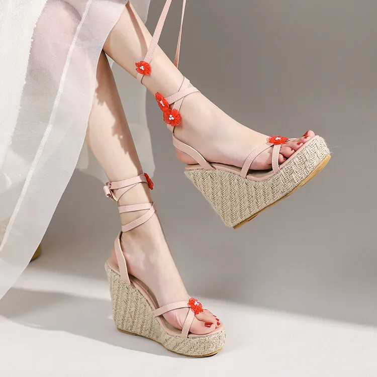 Fashion Womens Shoes 2025 Sandals Straps Clogs Wedge Espadrilles Platform Summer Heels Round Toe Suit Female Beige Luxury Lace U