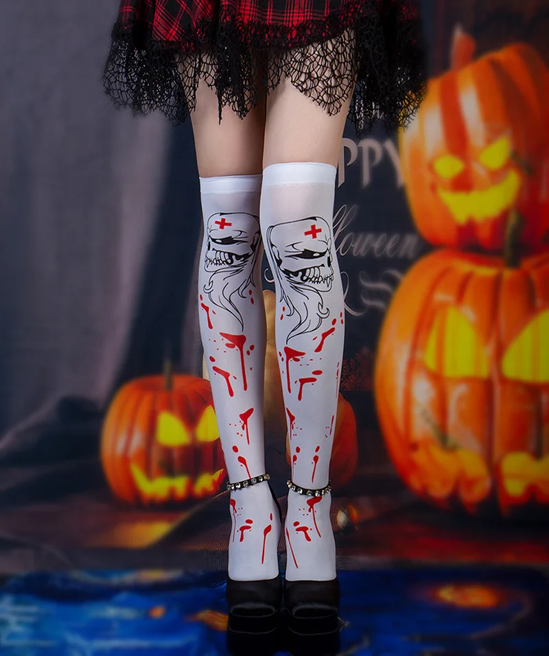 Meias góticas pretas, caveira, manchas de sangue, estampa de renda, coxa alta, sexy, fasion sobre o joelho, discotecas, meias de halloween