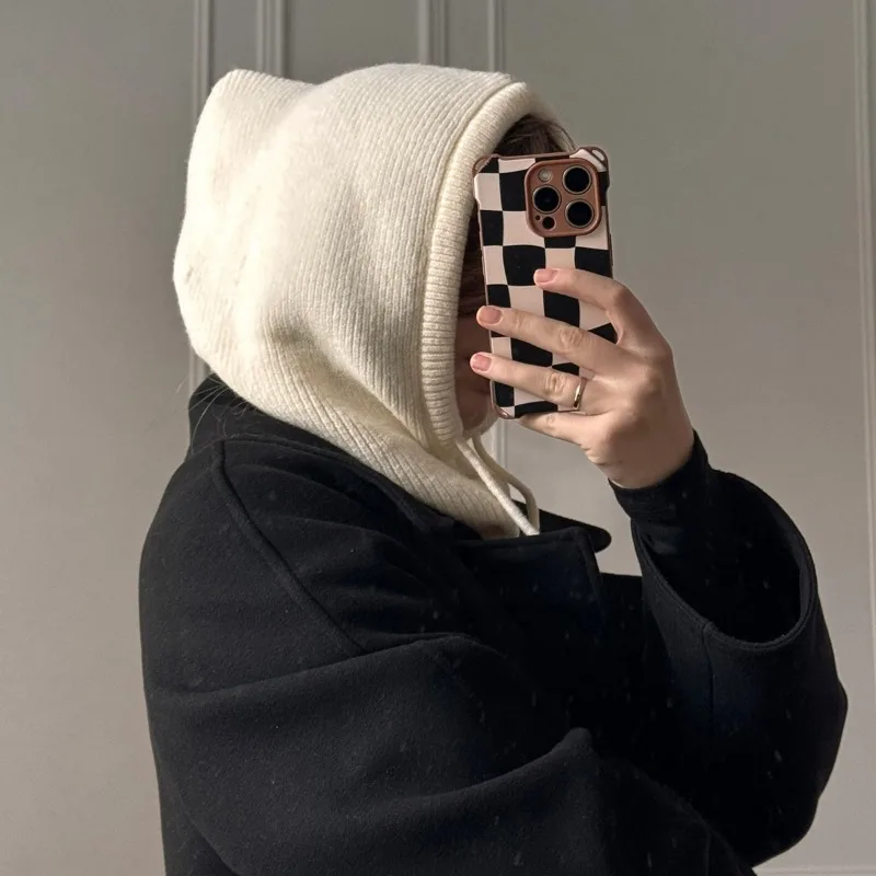 Ribbed Knit Balaclava Hat Drawstring Hooded Neck Warmer Integrated Cap Soft Thermal Winter Face Cover Scarf Hat for Men Women