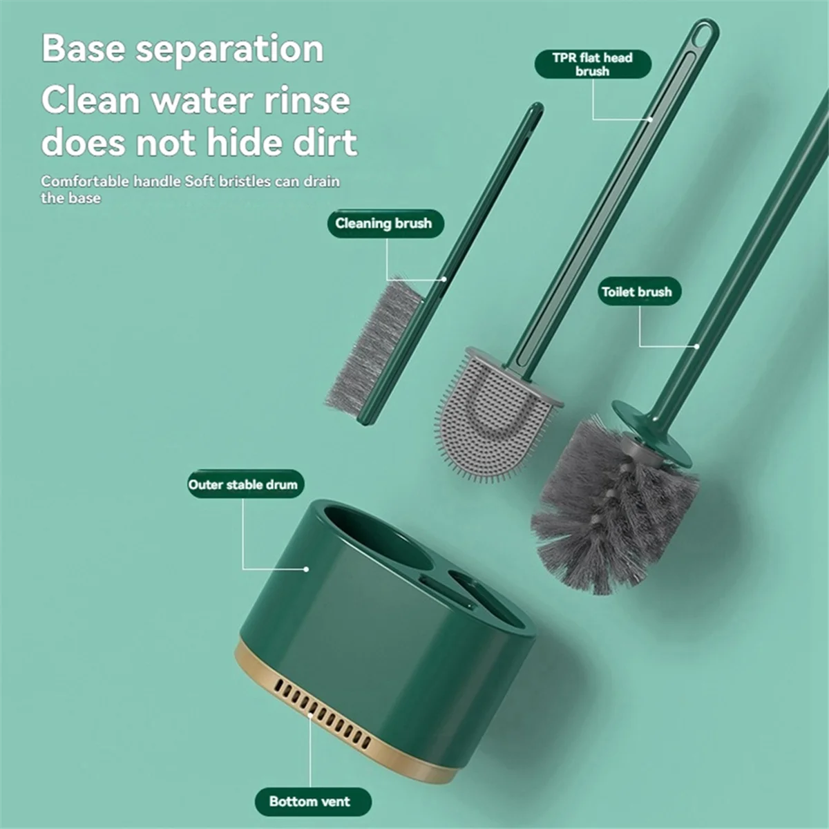 AM38M Green 4-in-1 Silicone Toilet Brush Set, Silicone Toilet Brush No Dead Angle Cleaning Artifact Toilet Washing Set
