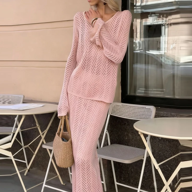 

O-neck Pullover & Long Skirt Outfits Women Casual Long Sleeve Solid 2 Piece Set Elegant Crochet Hollow Out Knitted Suit
