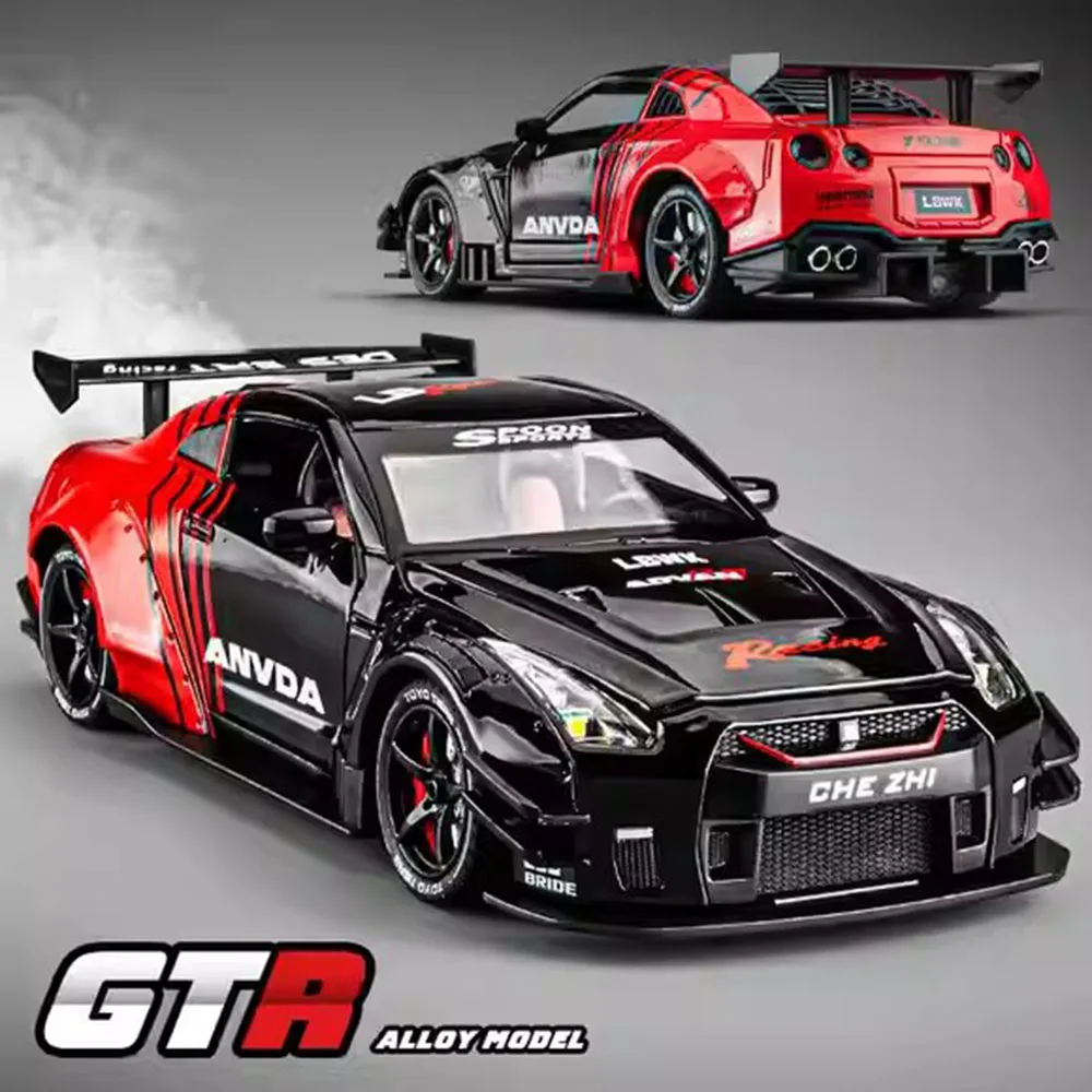1:24 GTR Alloy Car Toys Diecast Model Spray Version Front Wheel Steering Doors Openend Sound Light Pull Back Vehice Holiday Gift