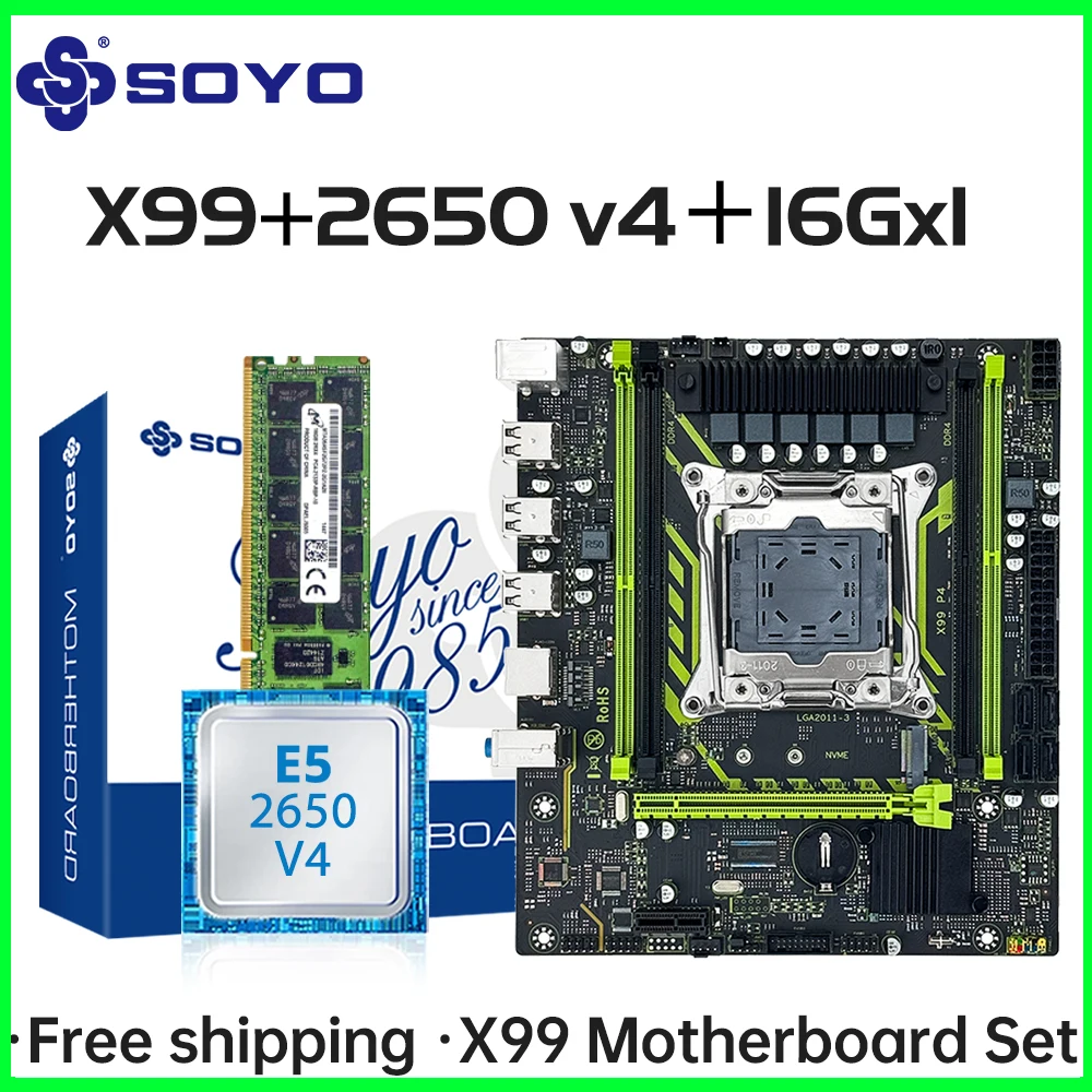 SOYO X99 Motherboard Set with Intel Xeon E5 2650 V4 CPU & Dual-channel DDR4 16Gx1 2133MHz RAM for Gaming Computer Components