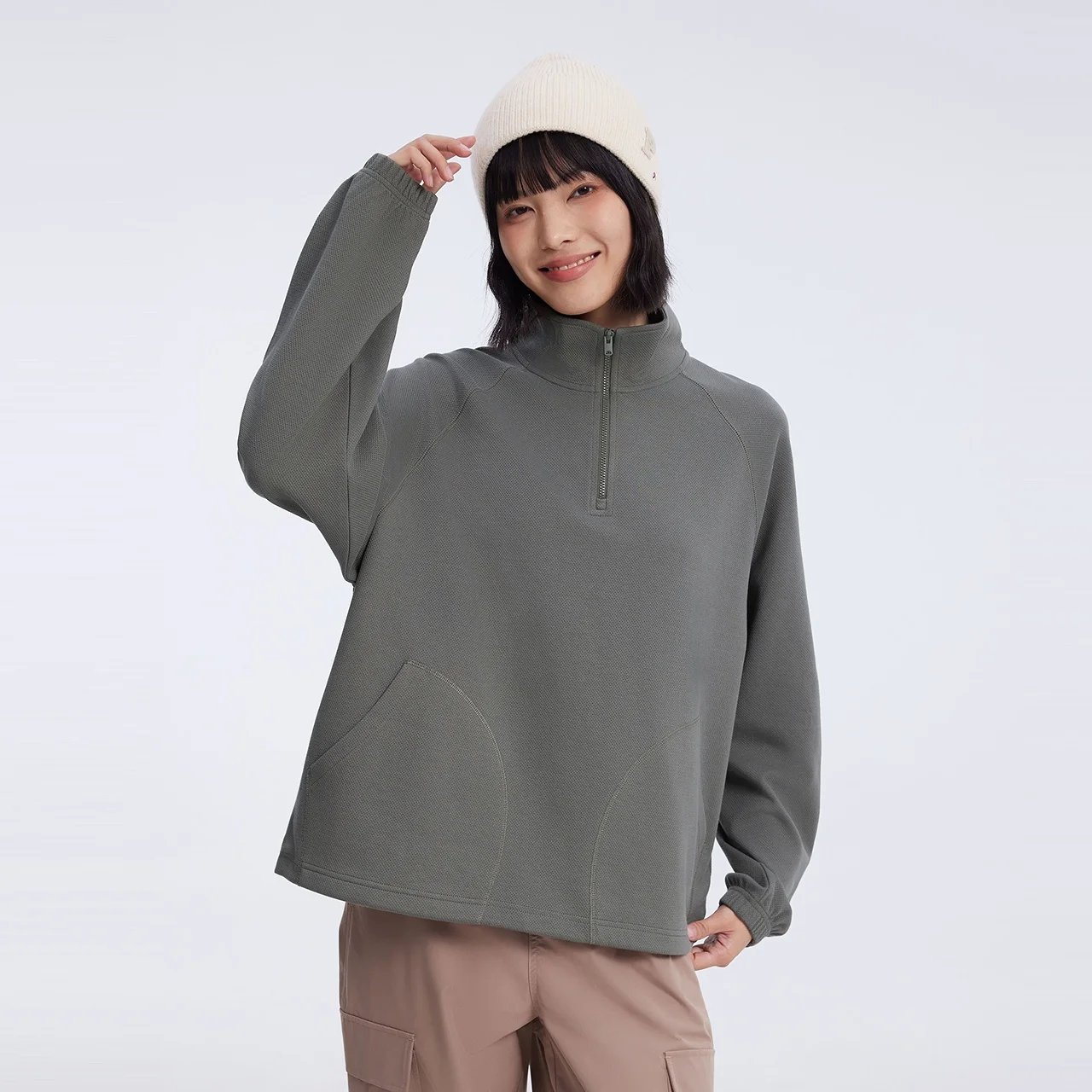 Metersbonwe Women Stand Collar Loose Hoodie Half Zipper Adjustable Elastic Hem Warm Fleece Sweatshit Spring Outdoor Pullover
