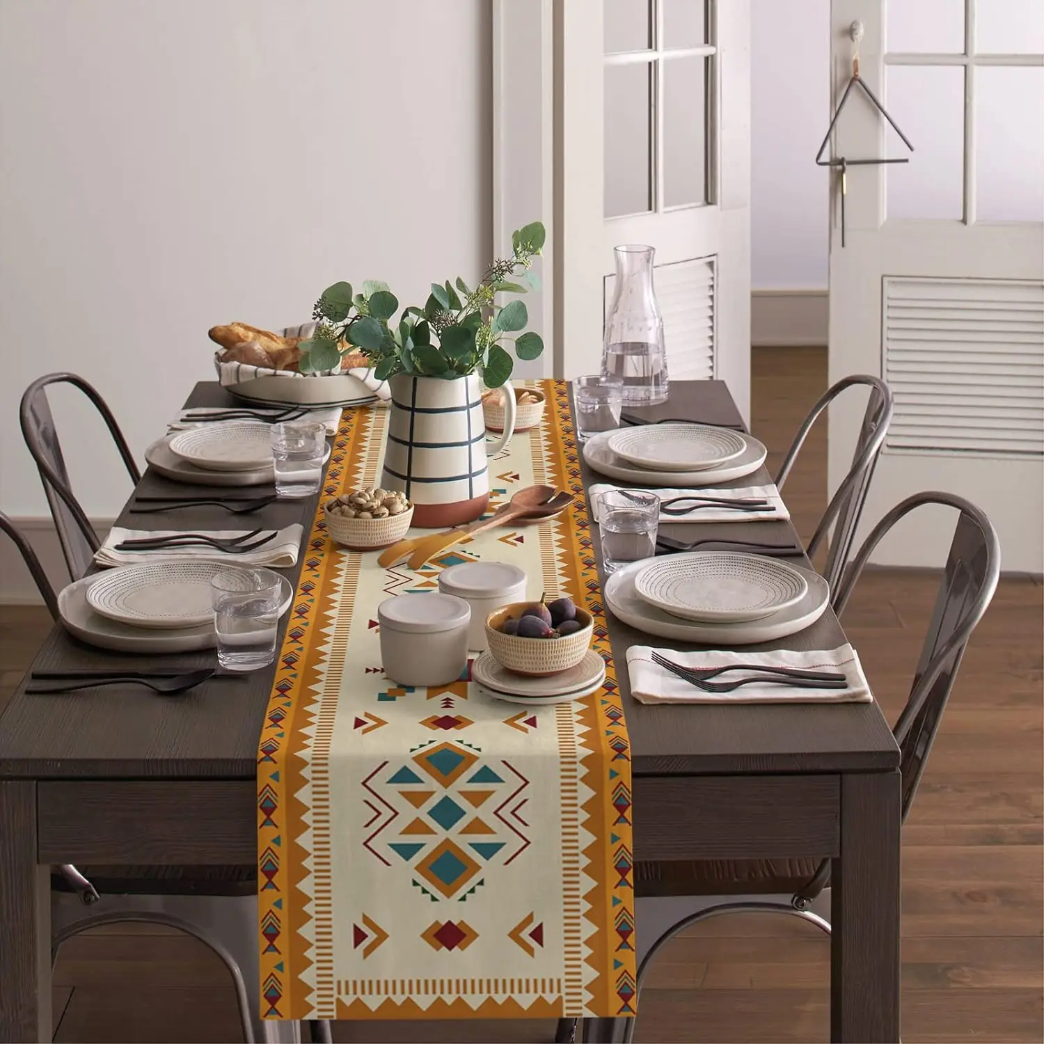 Southwest Orange Blue Ethnic Art Linen Table Runner Dresser Scarves Reusable Kitchen Dining Table Runners Wedding Party Decor