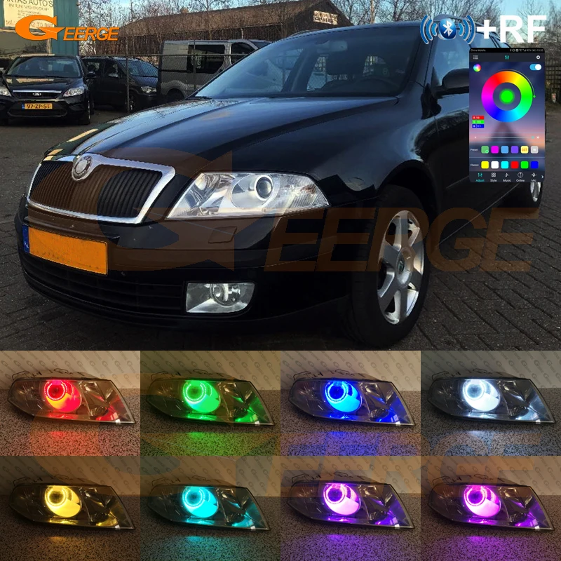 Zestaw Ultra Jasnych, Wielokolorowych RGB LED Angel Eyes (Halo Rings) Bluetooth App do SKODY OCTAVII MK2 PRZED LIFTINGIEM (2004 - 2008)