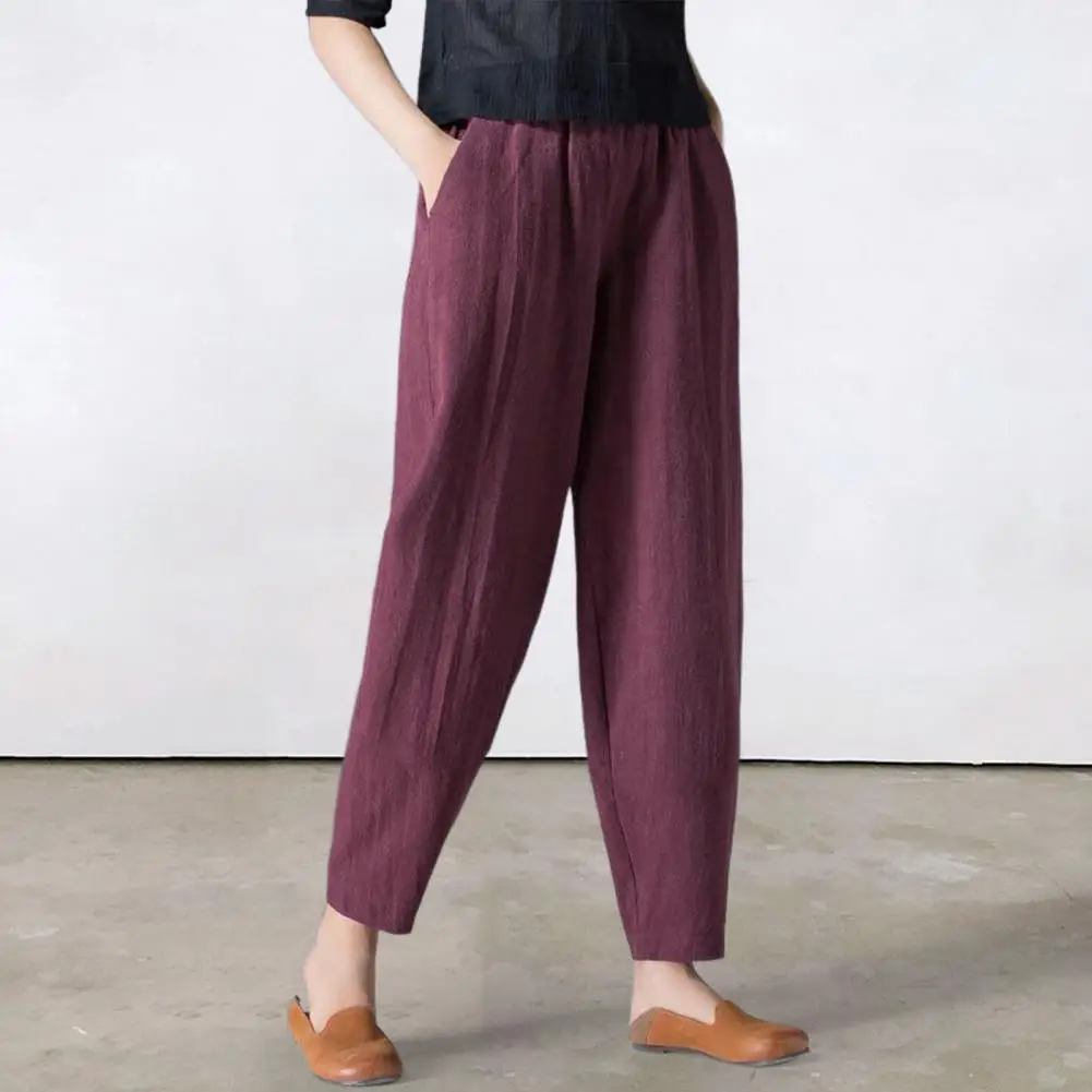 Ladies Long Pants With Pockets Elastic Waist Wide Leg Ninth Pants Casual Wear Temperament Women Fashion Loose Linen Trousers