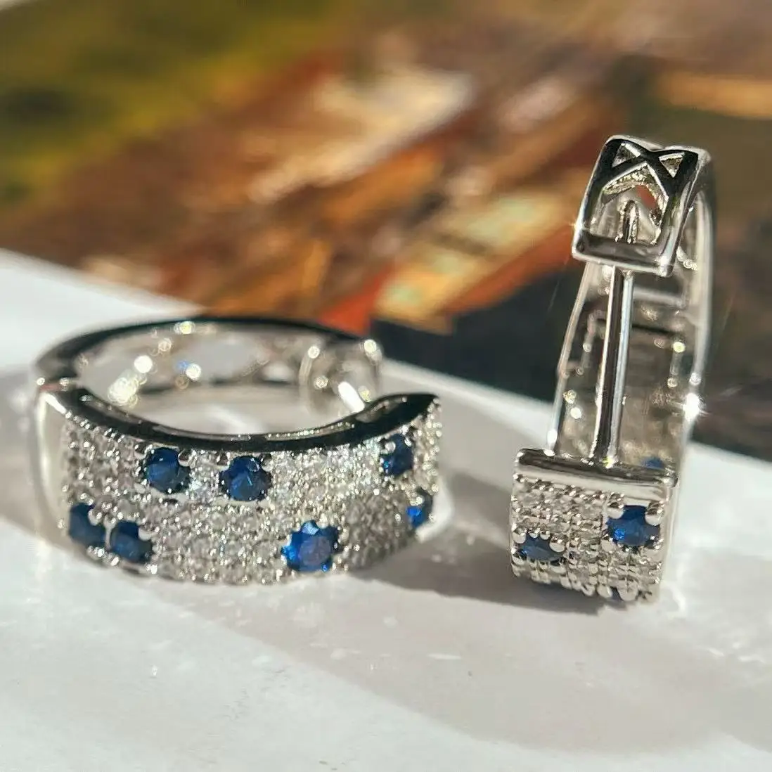 Perfect Cute Women's White Blue Shining Zircon Round Earrings, Fashionable Women's Wedding Jewelry image 3
