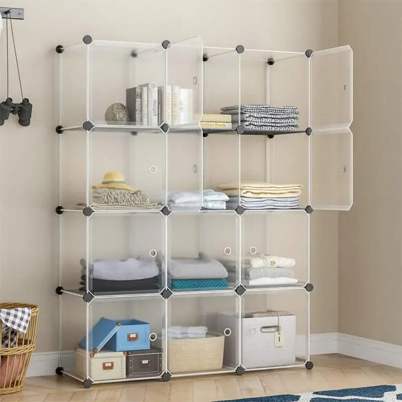 12/16 Grids Modular Cube Foldable Wardrobe Bedroom Closet Cabinets For Shoes Books Storage Plastic Stackable Storage Shelves