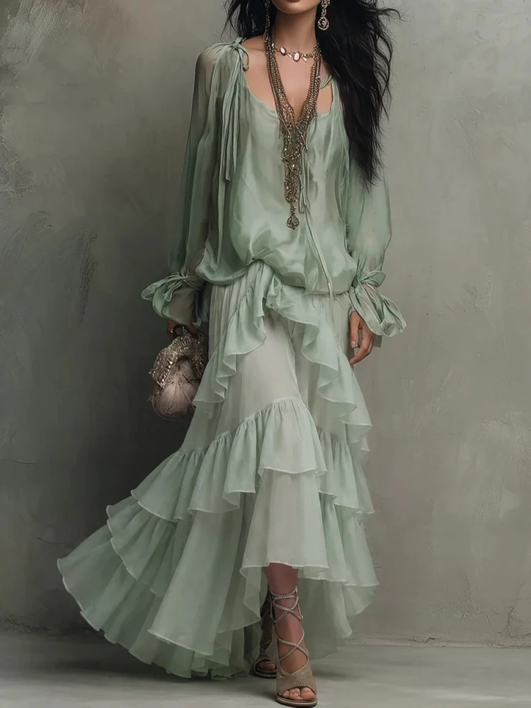 Boho Flowy Chiffon Matching Set Women Tie Shoulder Sheer Blouse Tiered Ruffle Maxi Skirt Elegant Beach Holiday Two Piece Dress