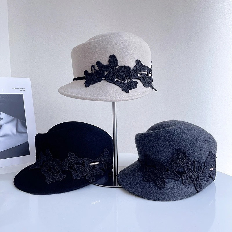 100% Wool Small Top Hats For Luxury Women Elegant Berets 2024 Winter Wedding Ceremony Church Cap Flower Ladies Felt Fedoras