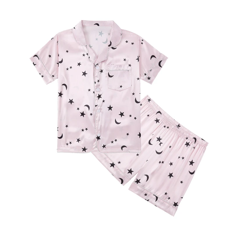 Summer Girls Silk Chiffon Pajama Shorts Sets Kids Star Moon Print Pajama Sleepwear Set Children Tops Pants Home Clothes 5-14 Y