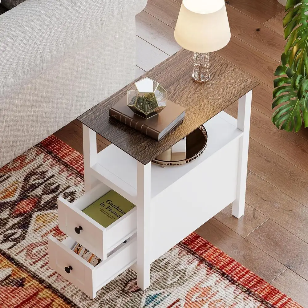 ホワイト 2 ピース ファームハウス エンドテーブル セット、3 段ナイトスタンドと狭いスペース用のスリムなベッドサイドテーブル付き