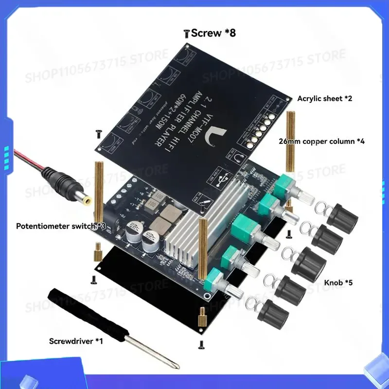 for A32T 2.1 Channel Class D Bluetooth 5.3 Power Amplifier Board 2x60W+150W Subwoofer Module with USB Sound Card Equalizer
