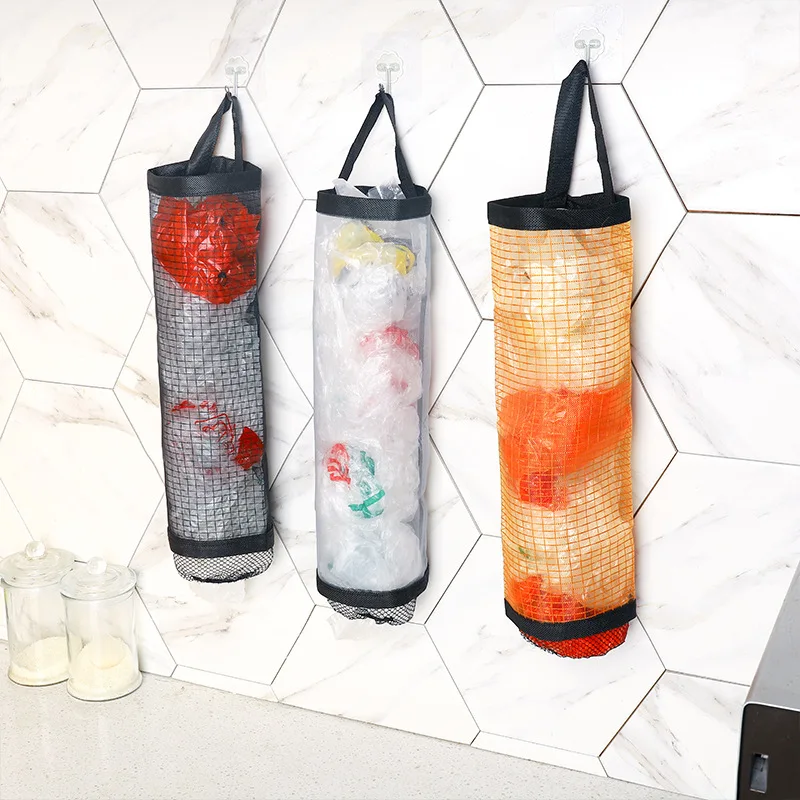 

3Pcs Trash Bag Holder Organizer-Hanging Mesh Storage with Hook&Bottom Dispenser for Kitchen/Fridge/Toilet, Waterproof Breathable