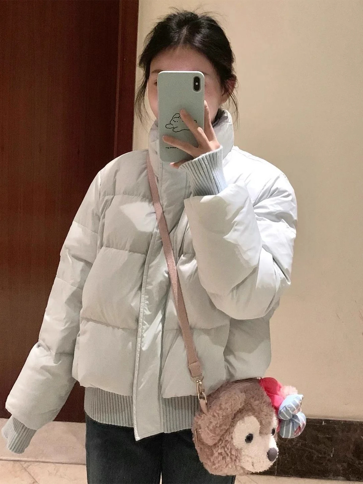 

Korean Sle ort Blue down Cotton Jaet Women's Winter Thiened Bread Sle Coat Outerwear Retro Loose Fit Long Sve