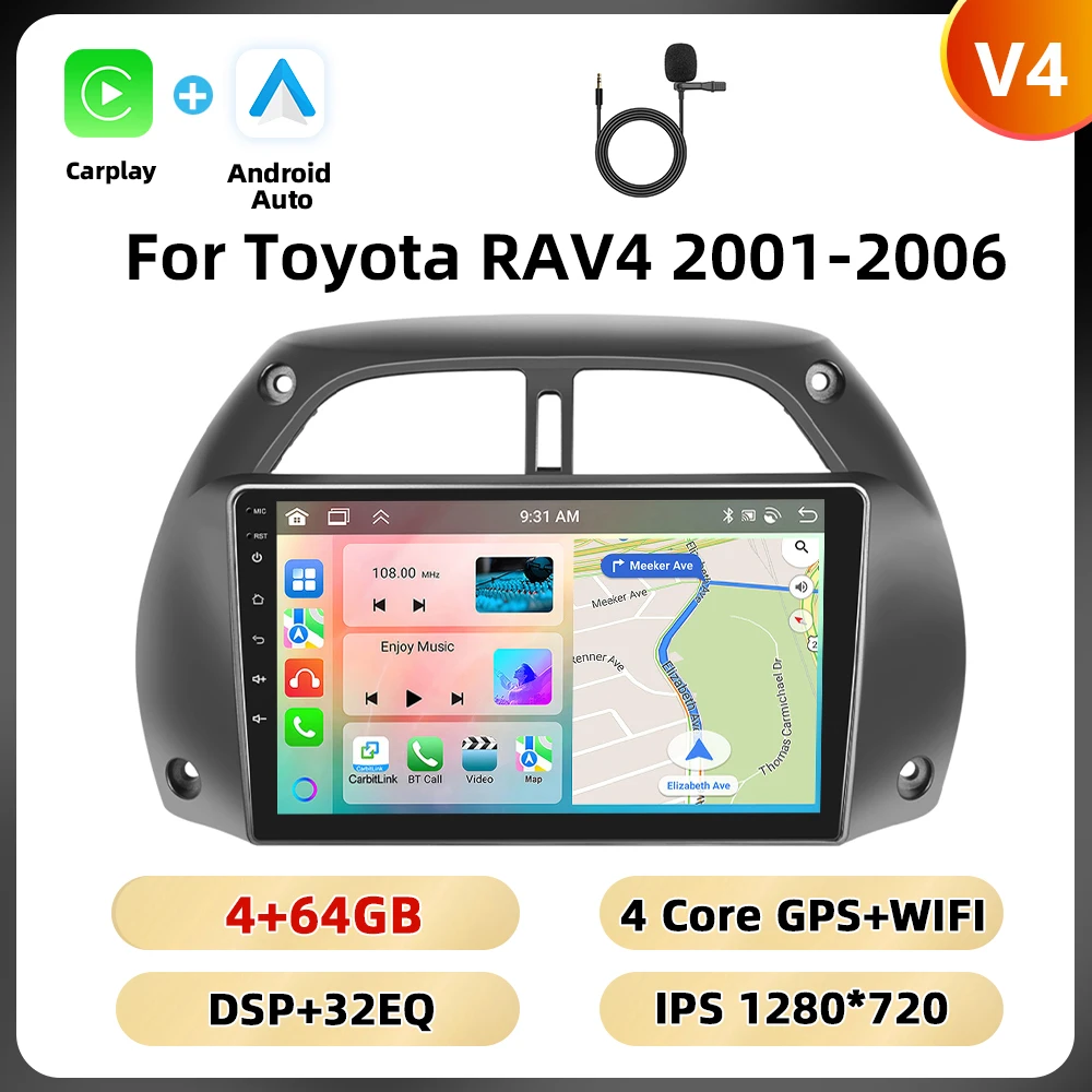 Podofo 8Core 2Din Autoradio Voor Toyota RAV4 2001-2006 Multimedia Speler WIFI 4G AI Voice BT Carplay Android Autoradio RDS