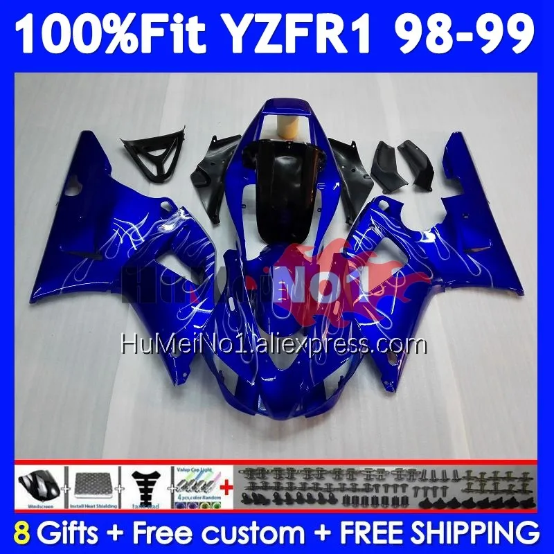 Injection Body For YAMAHA YZF R 1 1000 CC YZF R1 YZF1000 363No.8 YZFR1 98 99 YZF-1000 YZF-R1 1998 1999 OEM Silver flames Fairing