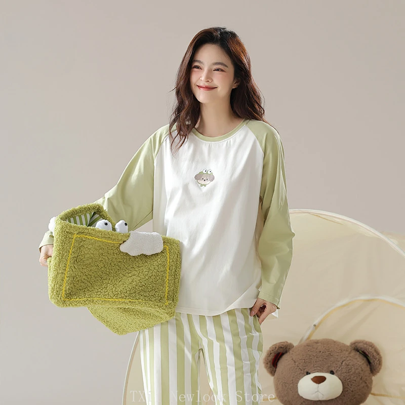 2024 Spring/Summer Antibacterial Cotton Pure Cotton Pajamas Women's Pull Frame Cotton Thin Leisure Home Clothing Set