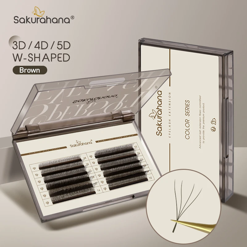SAKURAHANA Braune automatisch blühende W-förmige 3D 4D 5D vorgefertigte Wimpernfächer, natürliche, weiche, professionelle Make-up-Wimpern