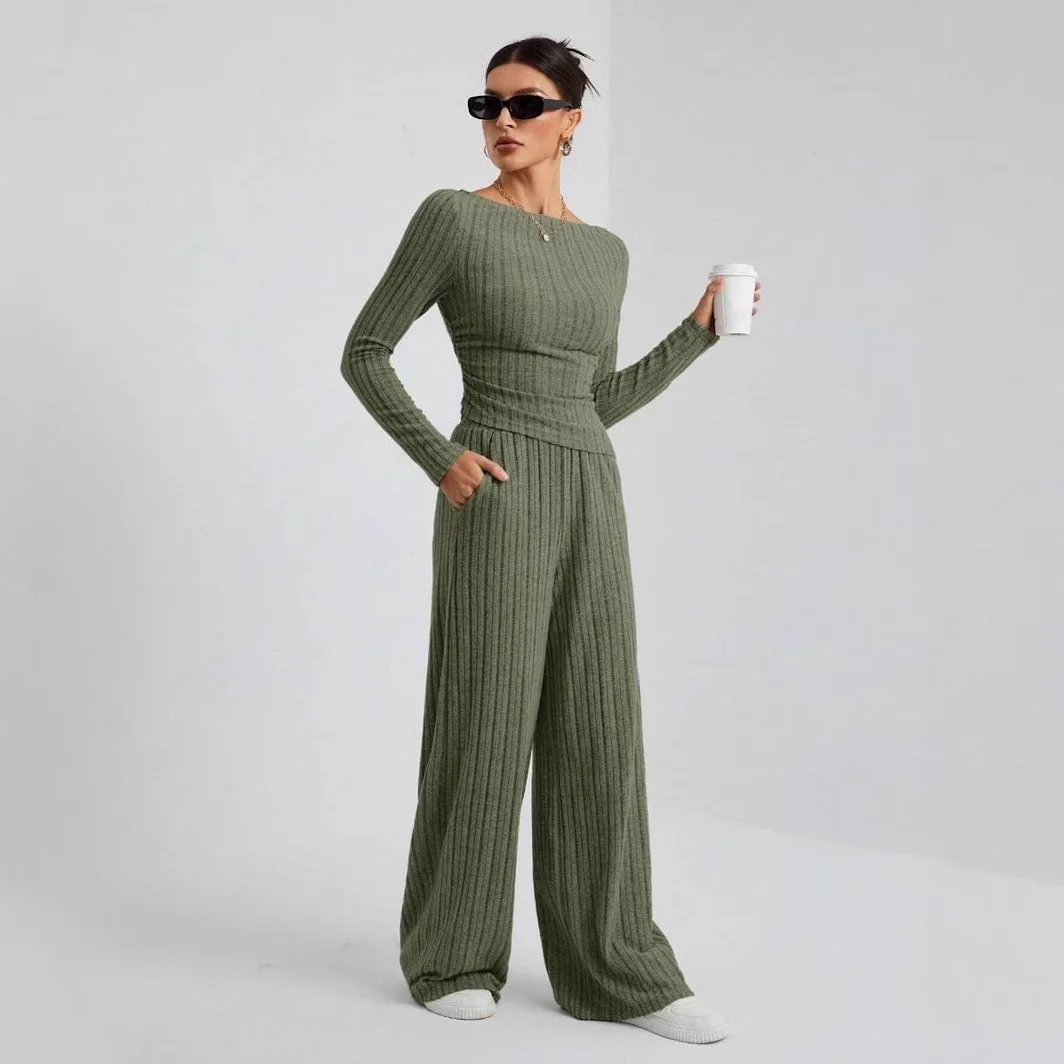 European and American 2027 Autumn/Winter Casual Solid Color High Collar Knitted Long Sleeve Side Waist Loose Pants Sleepwear