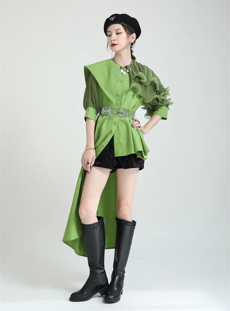 

Women Green Pleated Irregular Long Blouse New Lapel Half Sleeve Loose Fit Shirt Fashion Tide Spring Summer 2022