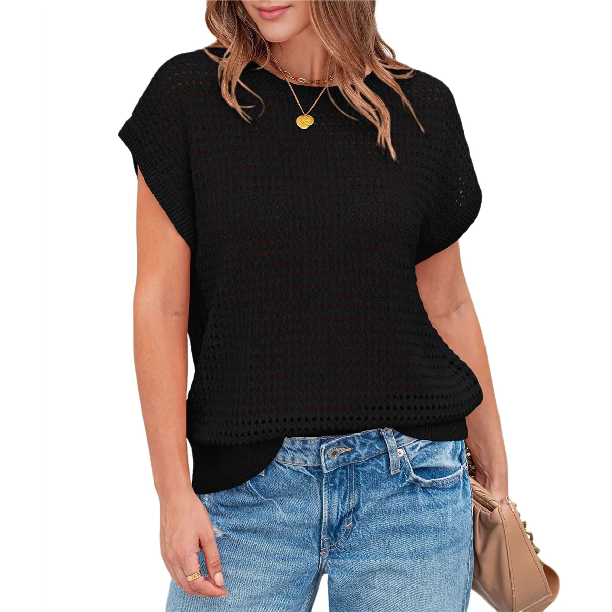 

Womens Spring Tops 2025 Summer Shirts Crochet Cap Sleeve Sweater Pullover Cute Crew Neck Beach Cover Ups