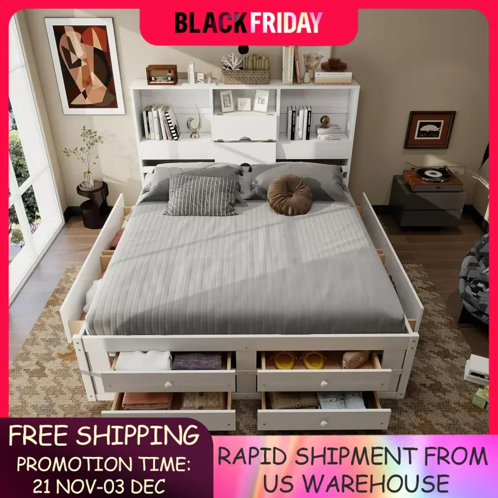 

Platform Bed Frame with Storage Headboard and 8 Drawers Frame with Built-in Storage Shelves,Suitable for bedrooms, free shipping