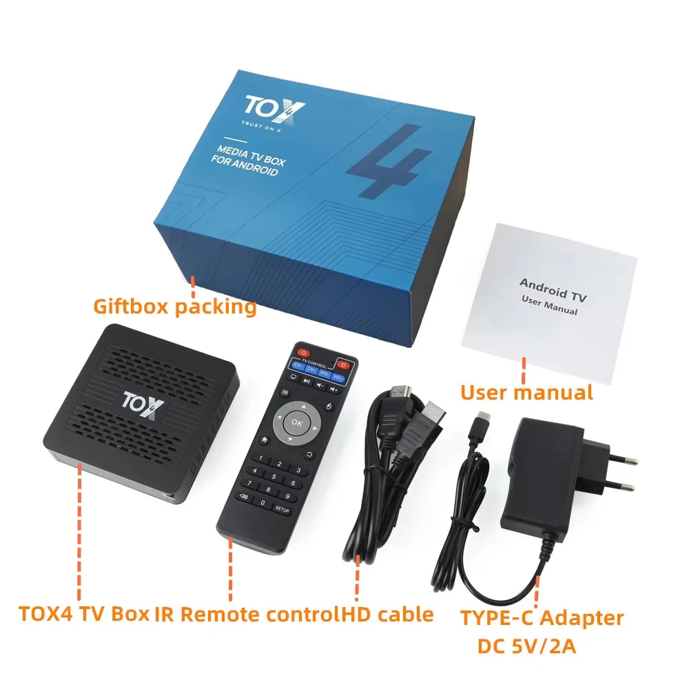 Original Smart TV box TOX4 RK3528 Android 13 4GB 32GB BT5.0 AV1 1000M LAN 2.4G 5.8G Dual Wifi 4K Multimedia Player Set Top Box