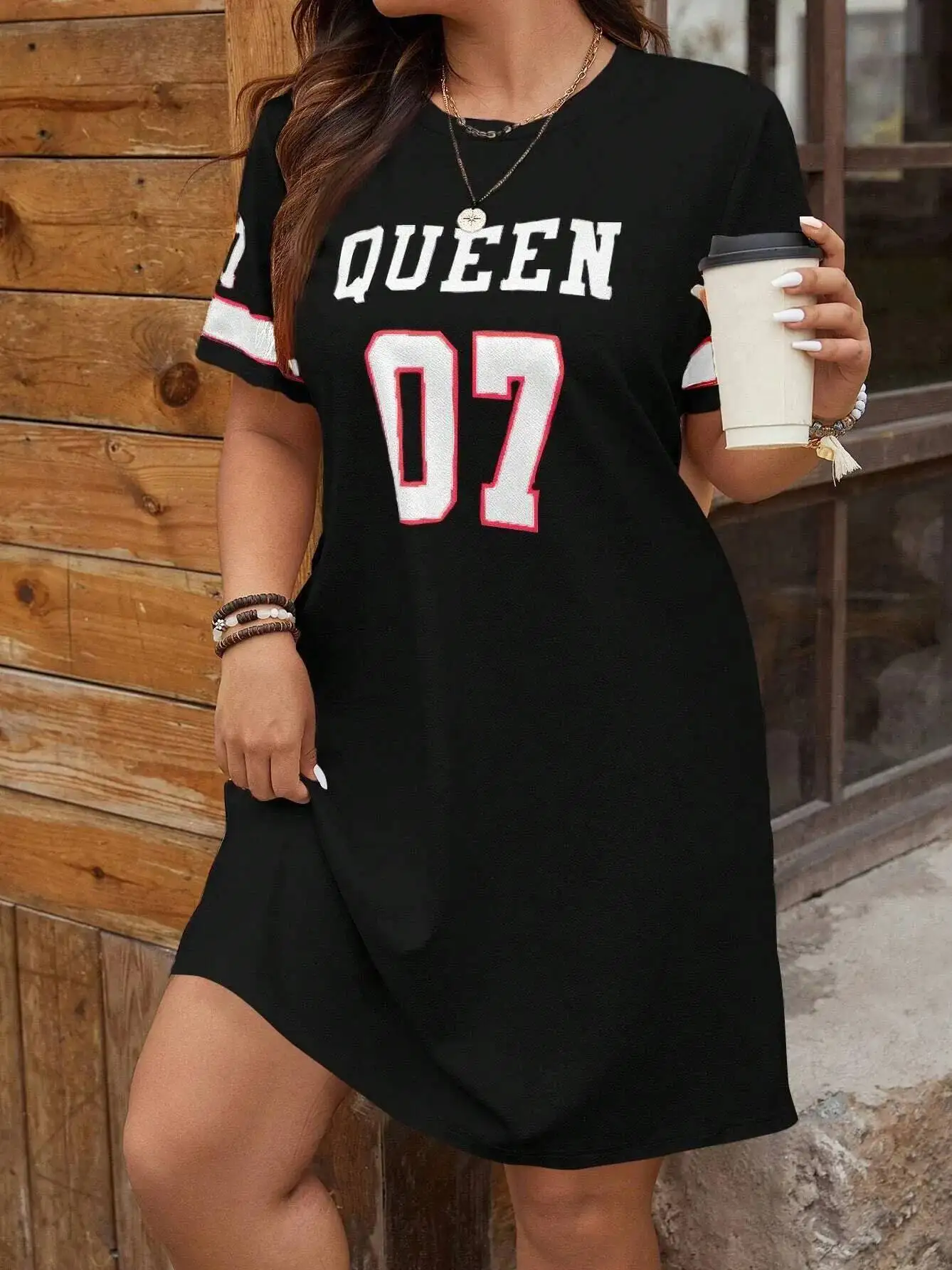 Plus Size Damen Sommermusik Festival Muster Sportlich Lässig Briefdruck Modisch 07 Bedrucktes loses T-Shirt Minikleid 1OH6