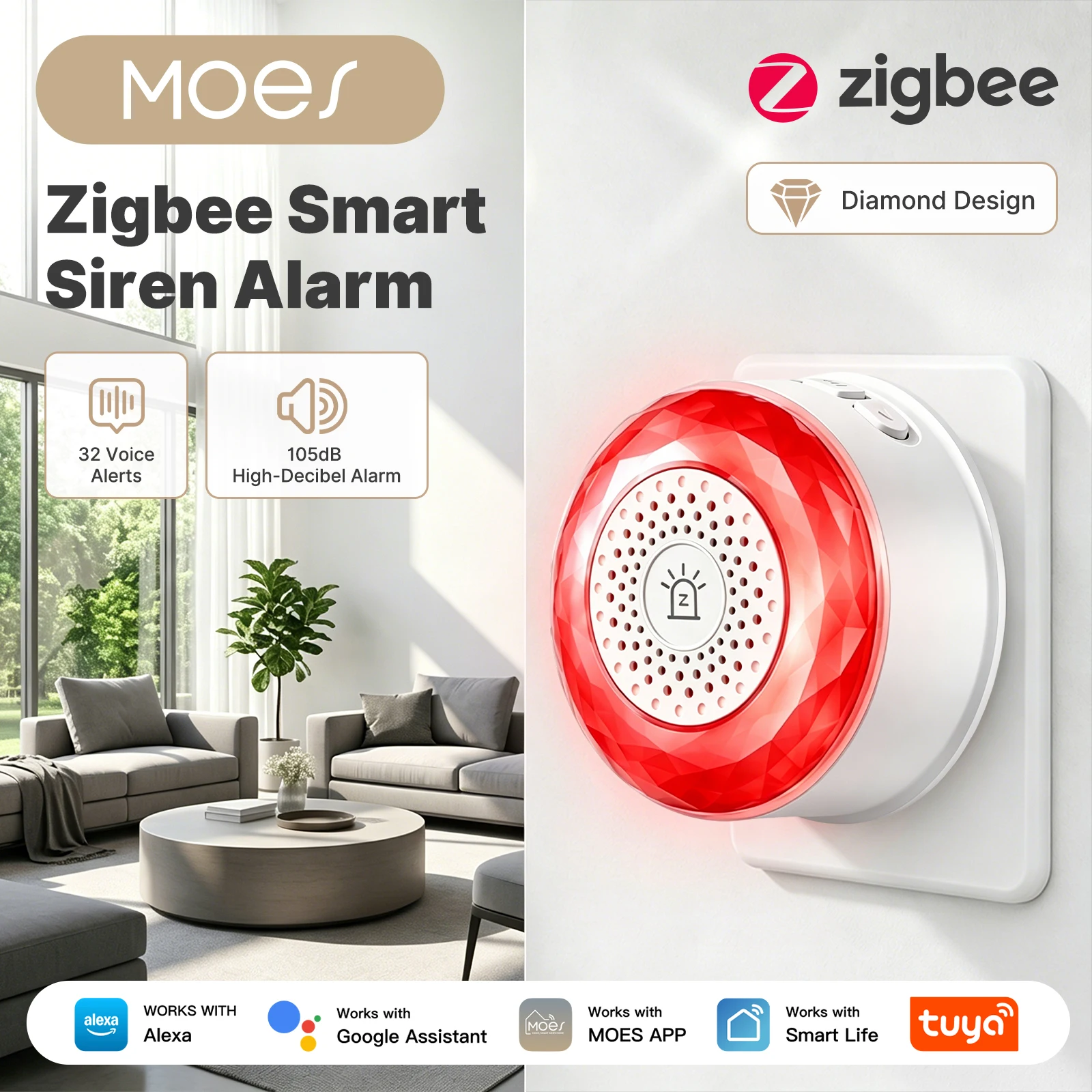 MOES Zigbee Smart Home Siren Alarm EU Plug‑in 105dB Loud Buzzer RGB Light 32 Voice Alert Security Warning Sensor Alarm
